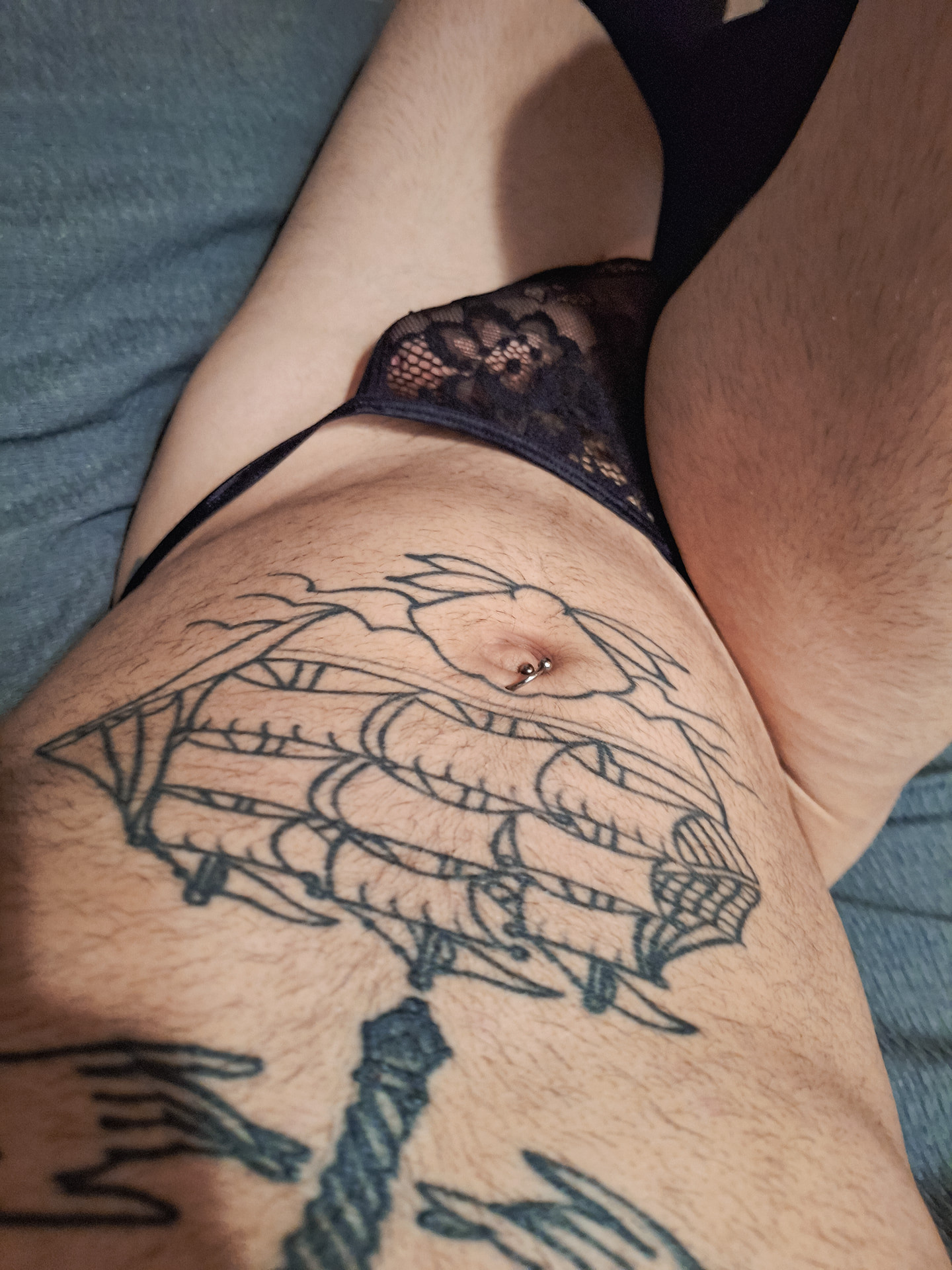 Tattooed hairy femboy trying her new g-string thong #2