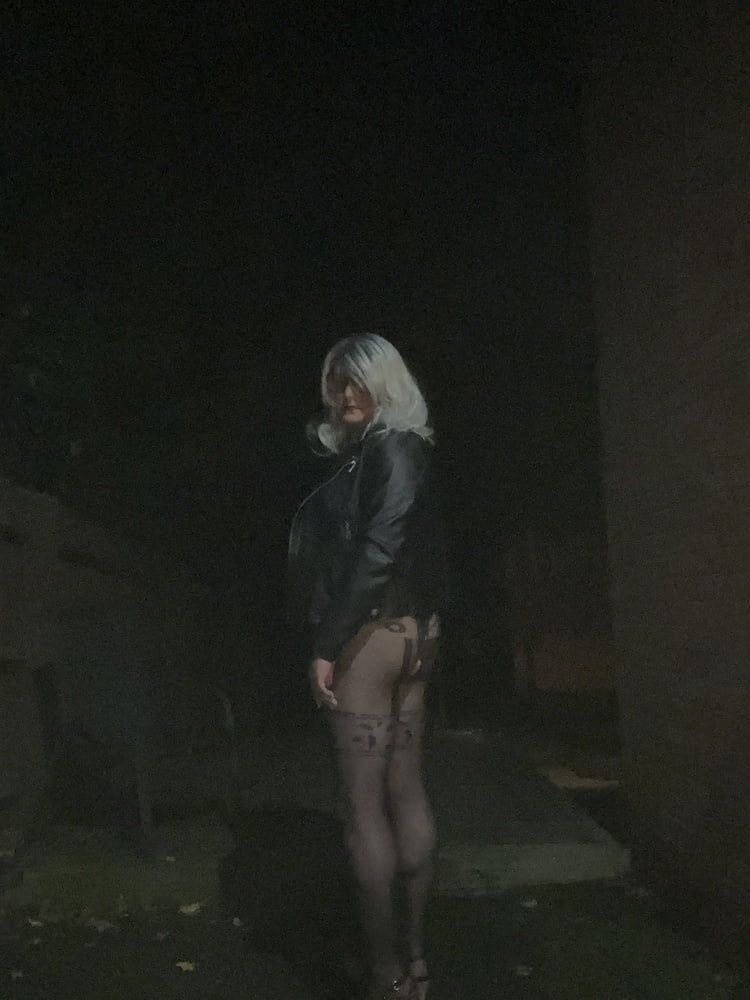 Crossdresser Kellycd masturbating in black bodysuit outdoor  #46