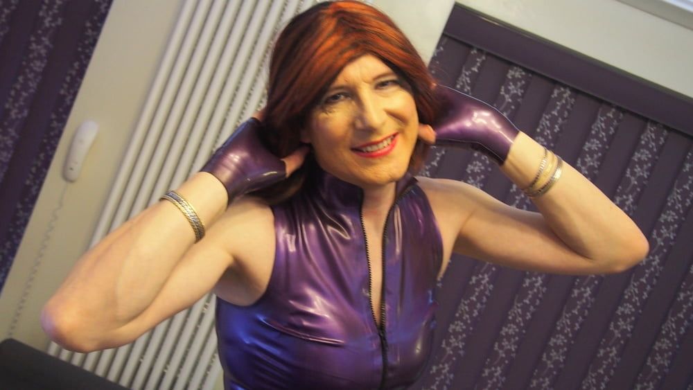 Purple Latex Poser in Sissy Chastity #18