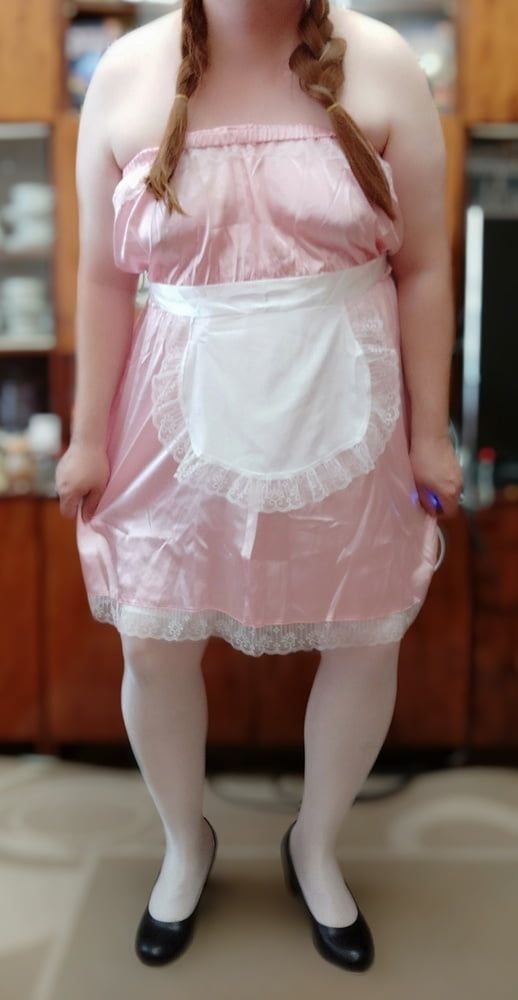 Sissy maid posing in white stockings #34