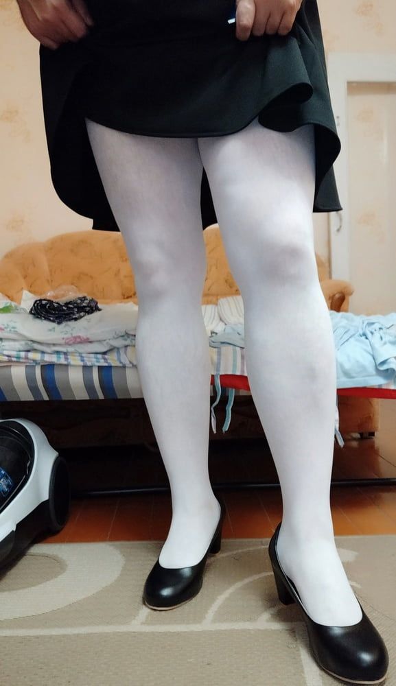 white tights & black skirt