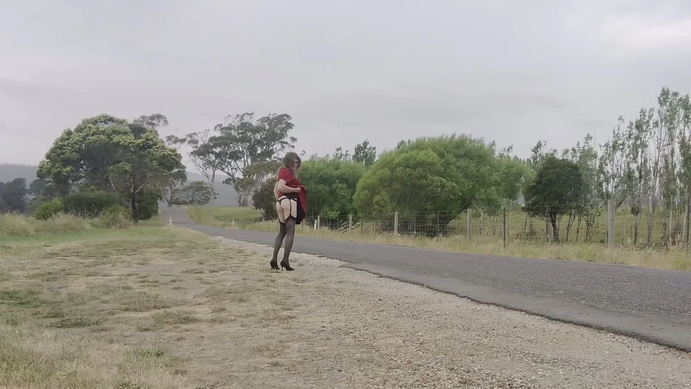 Crossdress road trip red dress #10