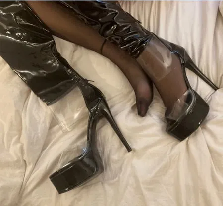 black and clear pvc porn high heel boots         