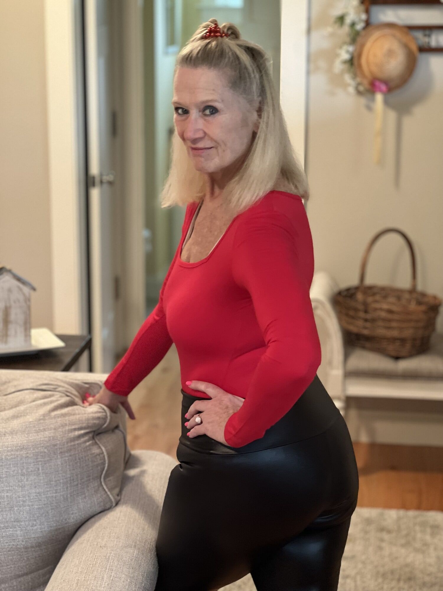 Tight black, leather leggings & Red Top #2