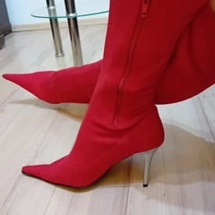 Crossdresser In Sexy Red Suede Pointed Toe High Heels Boots