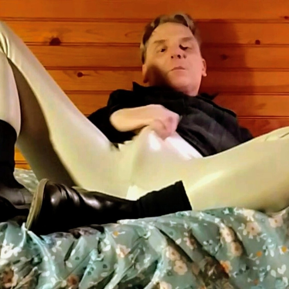 Fetish cock stroking through white vinyl leggings #3