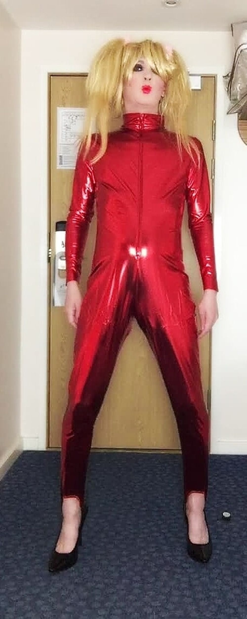 Sissy red shiny catsuit #6