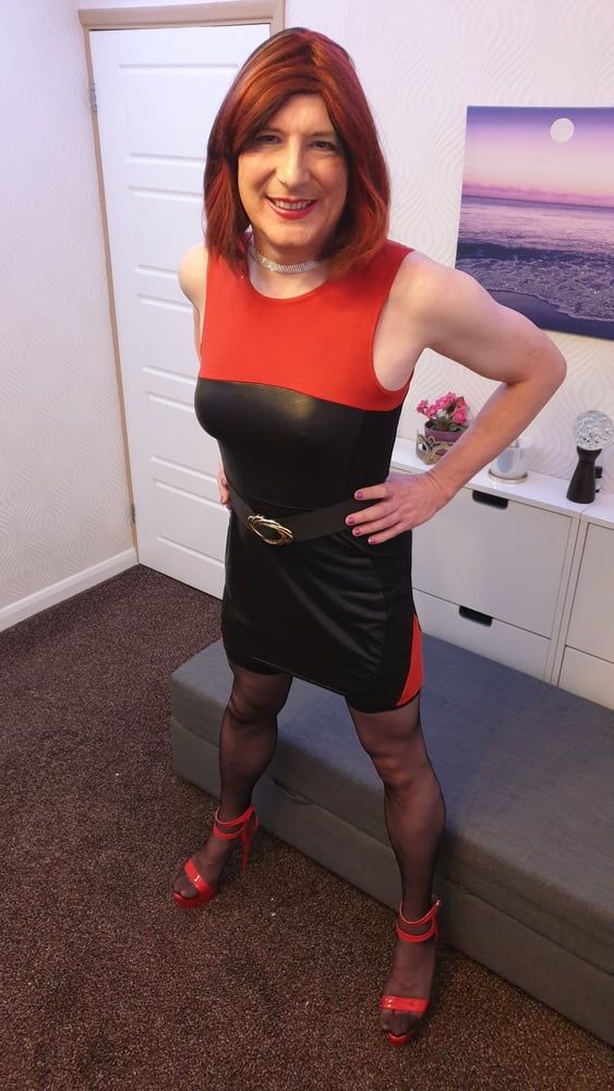 TGirl Lucy posing and playing in black and red bodycon dress #8