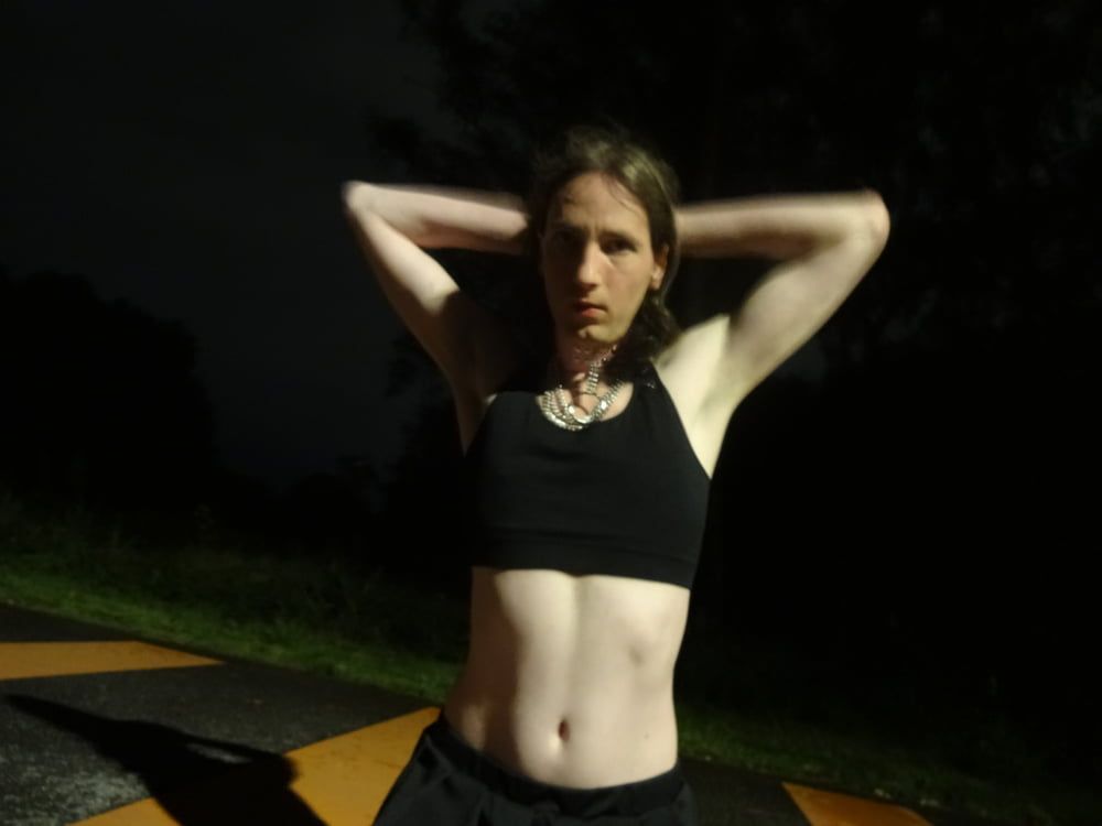 Showing off my new sissy collar outdoors at night #9