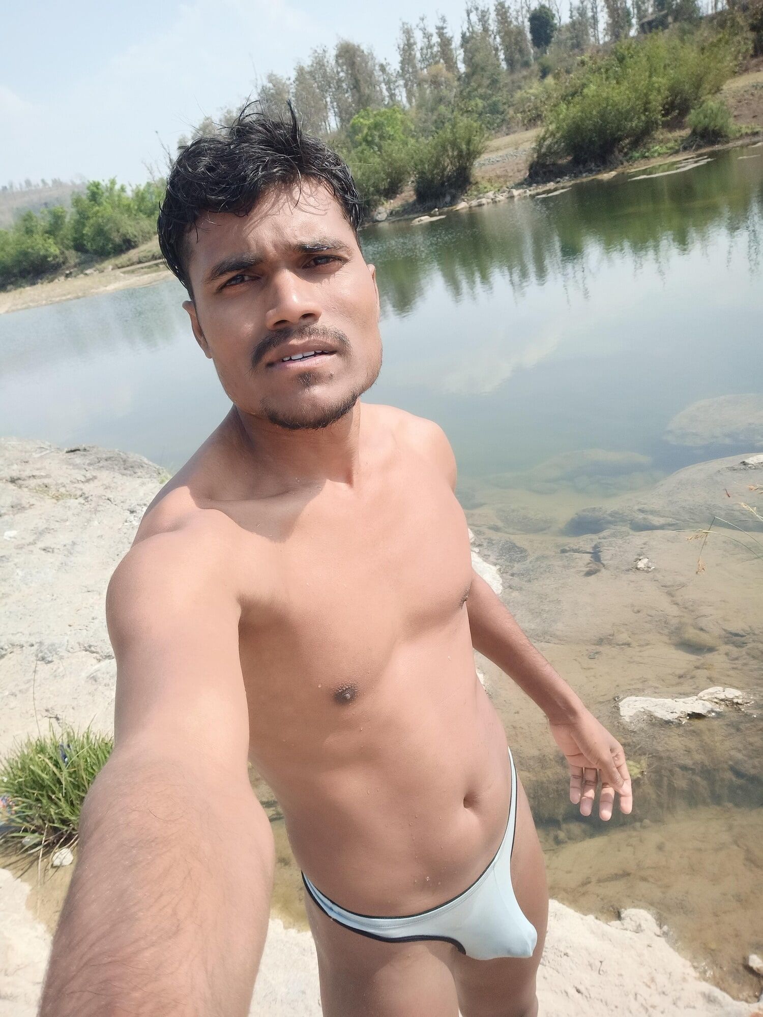 Hot muscular gym boy outdoor in river bathing enjoying swimm #55