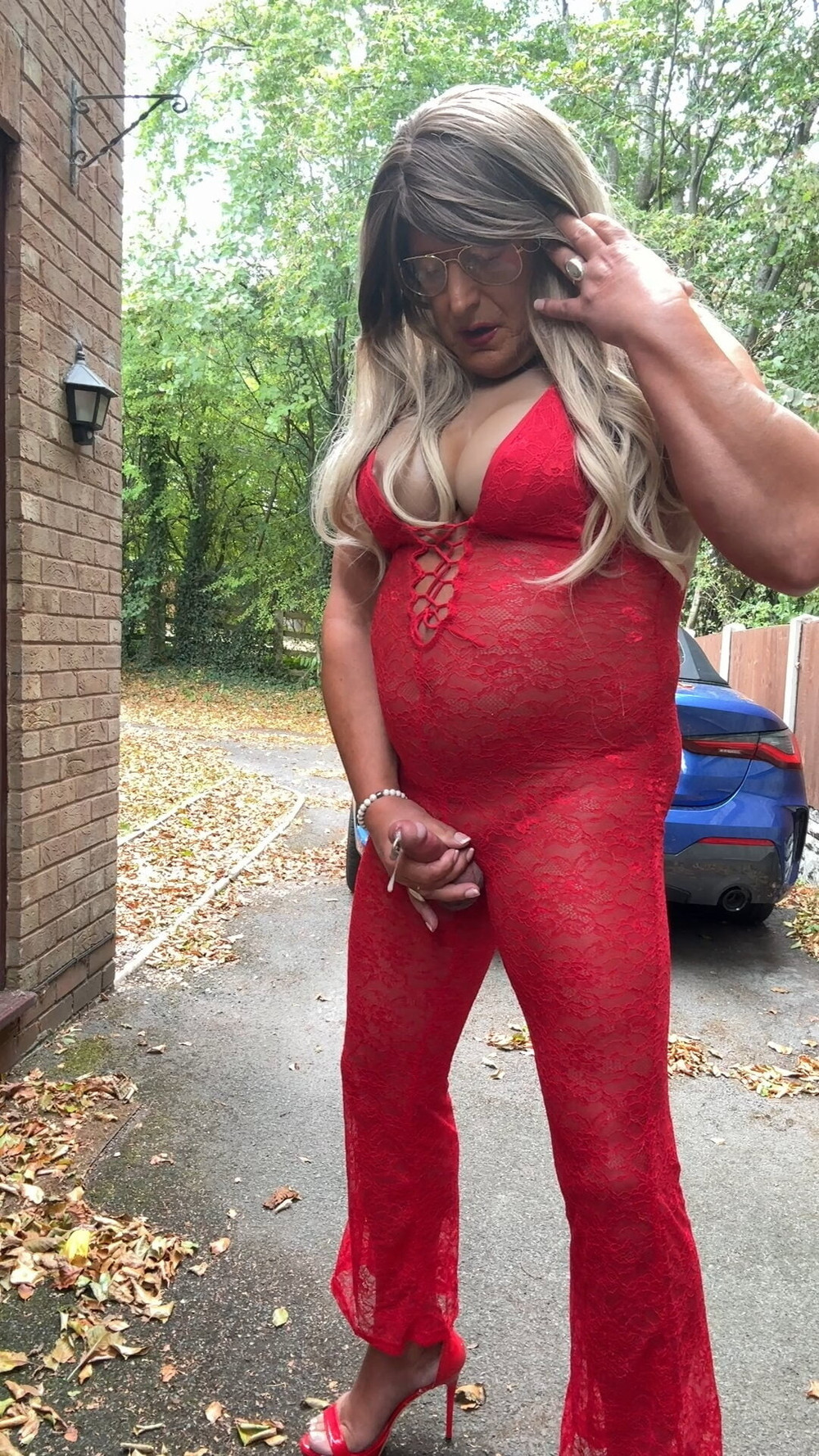 Sexy Crossdresser kellycd2022 in red lace jumpsuit and heels #58