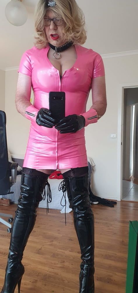 Rachel in pretty pink latex, black thigh boots #6