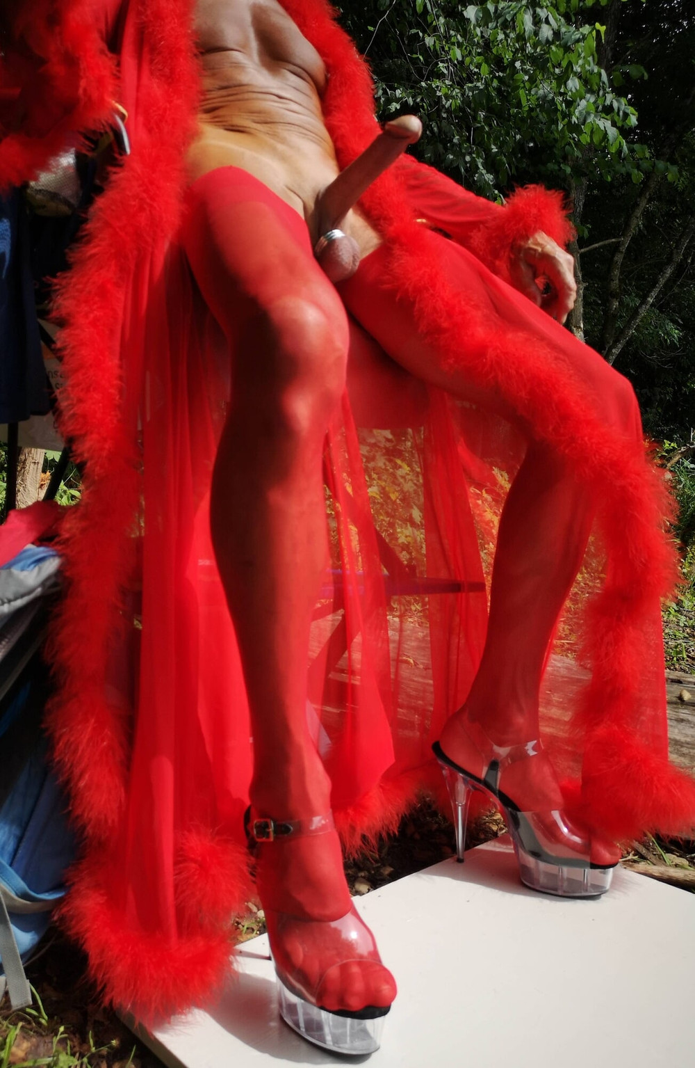 Boner in red Lingerie at public Nudist Lake #20