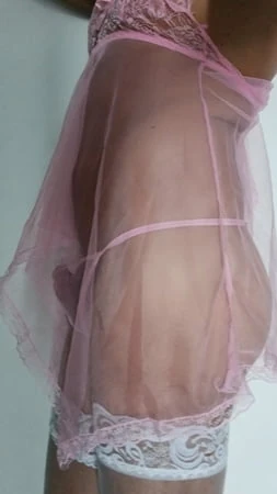 transparent pink nightie white stoking high heels         