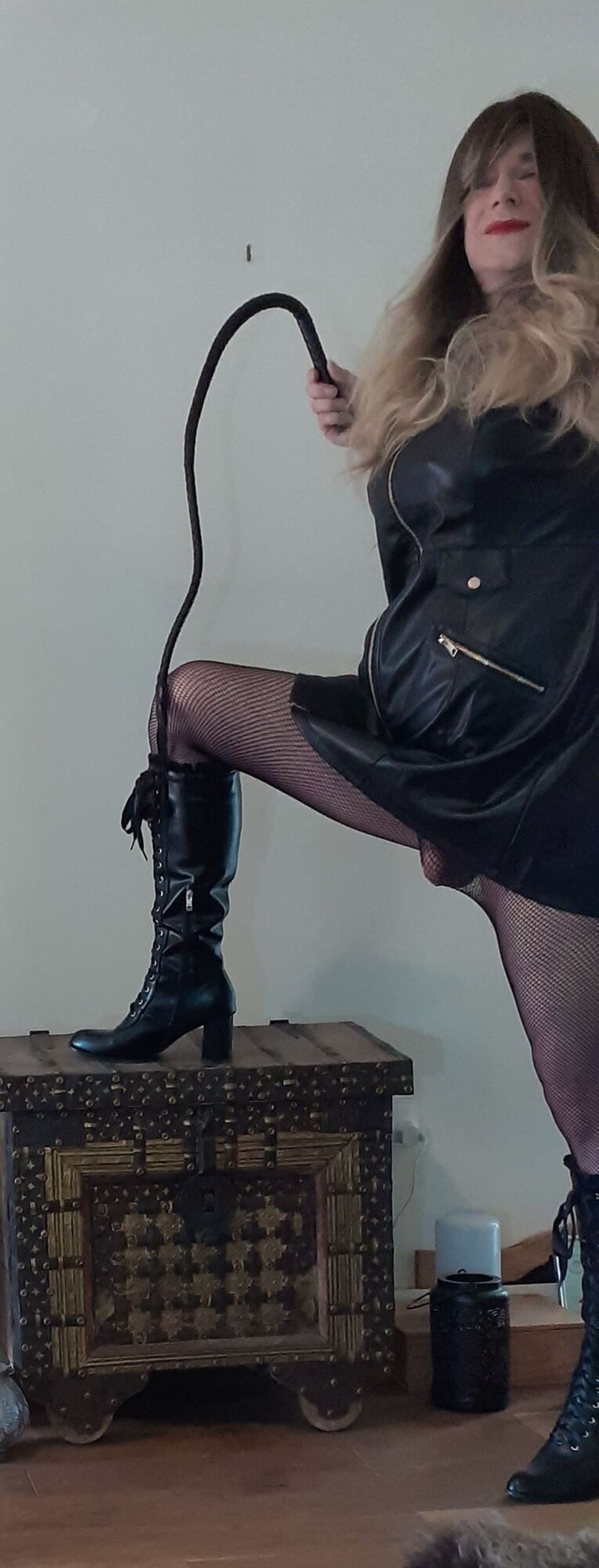 crossdressed in black leather dress #34