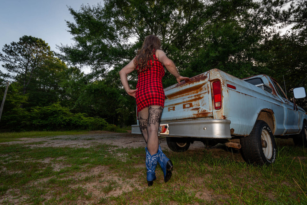 Jon Scarecrow Big Fake tits Crossdresser in Snug Plaid Dress #14