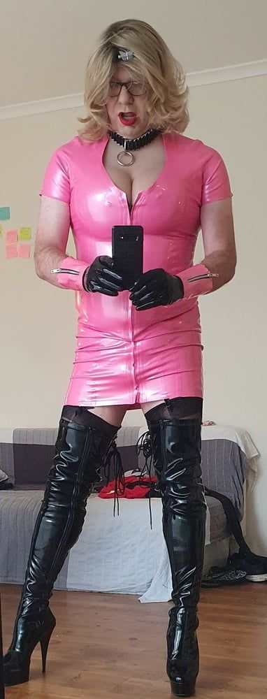 Rachel in pretty pink latex, black thigh boots #8
