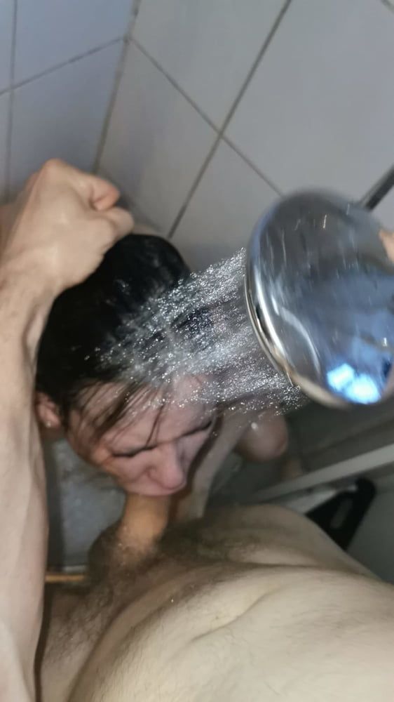 Sucking big cock with the shower over my head