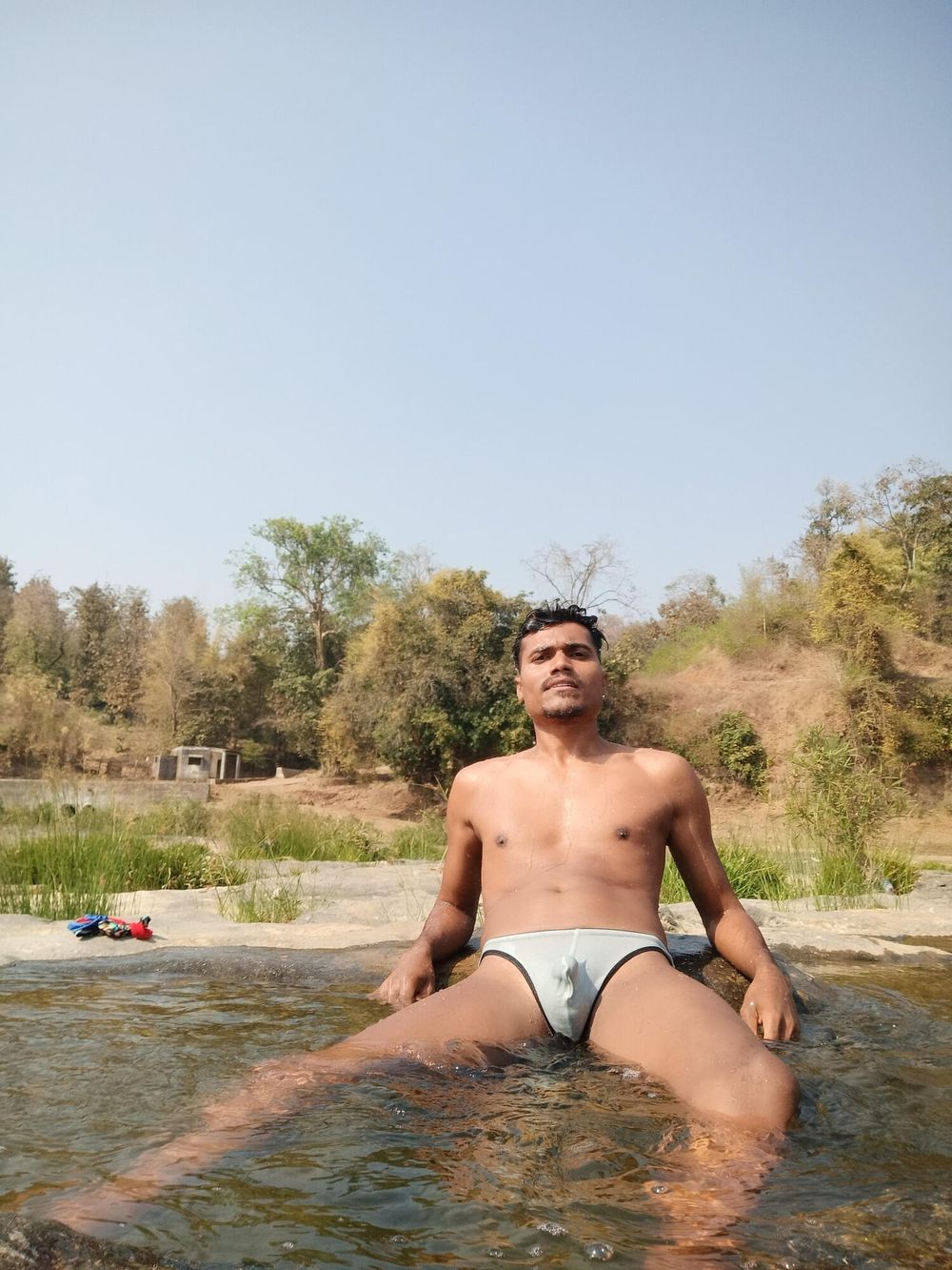 Hot muscular gym boy outdoor in river bathing enjoying swimm #9