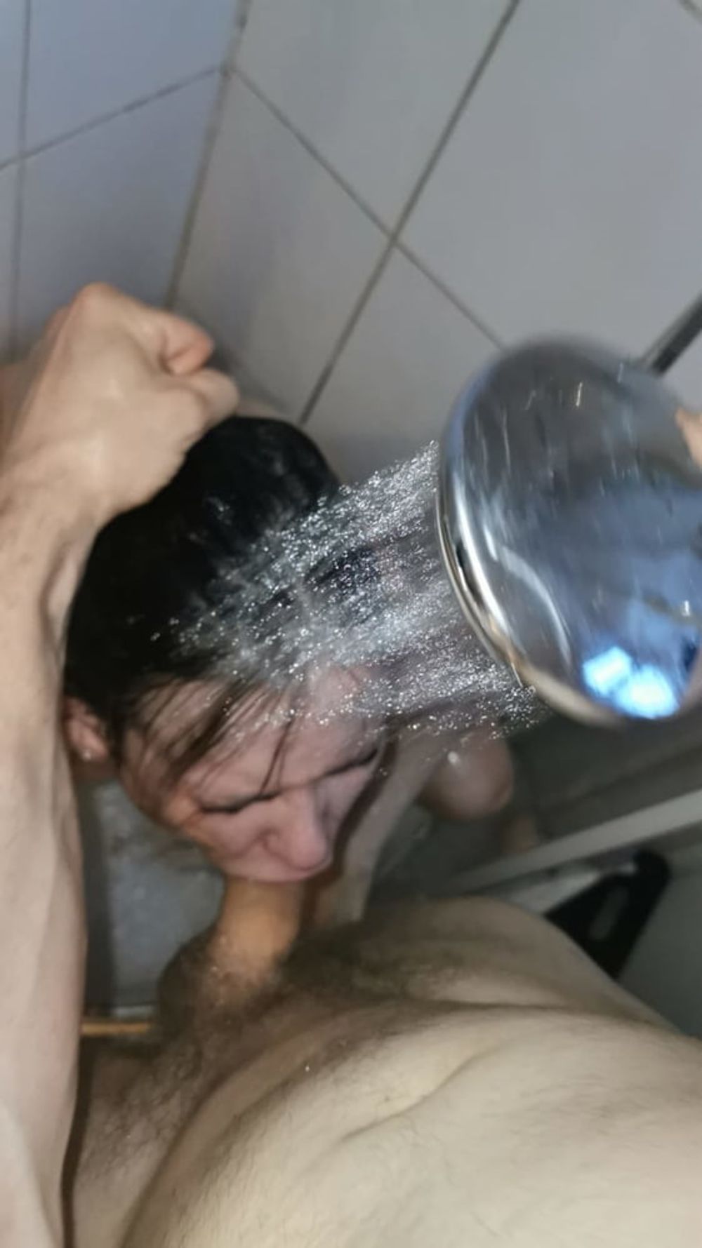 Sucking big cock with the shower over my head