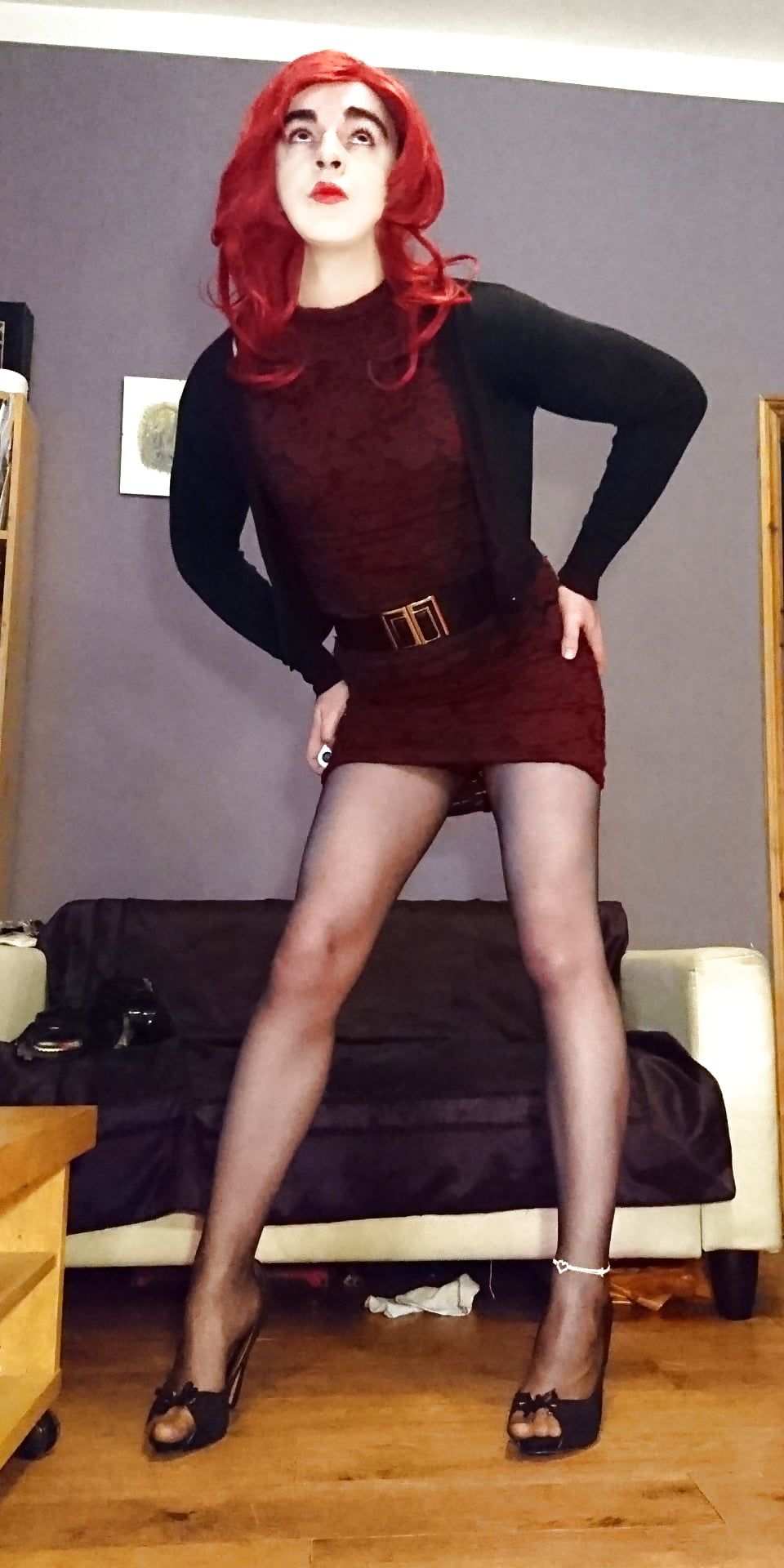 Marie crossdresser in red lace dress and sheer pantyhose