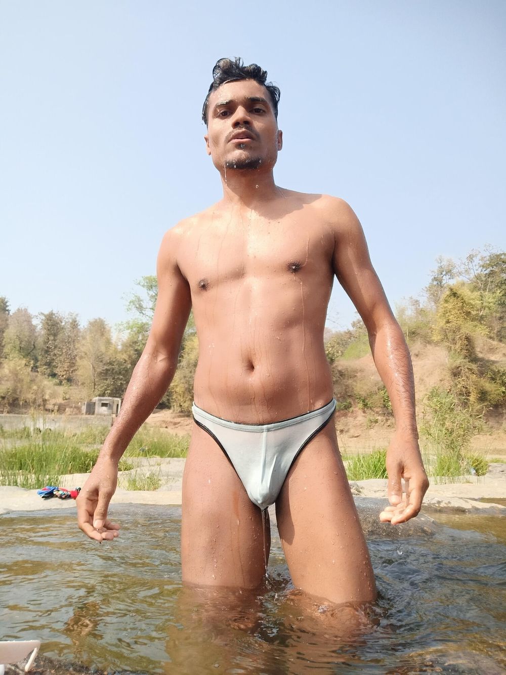 Hot muscular gym boy outdoor in river bathing enjoying swimm #5