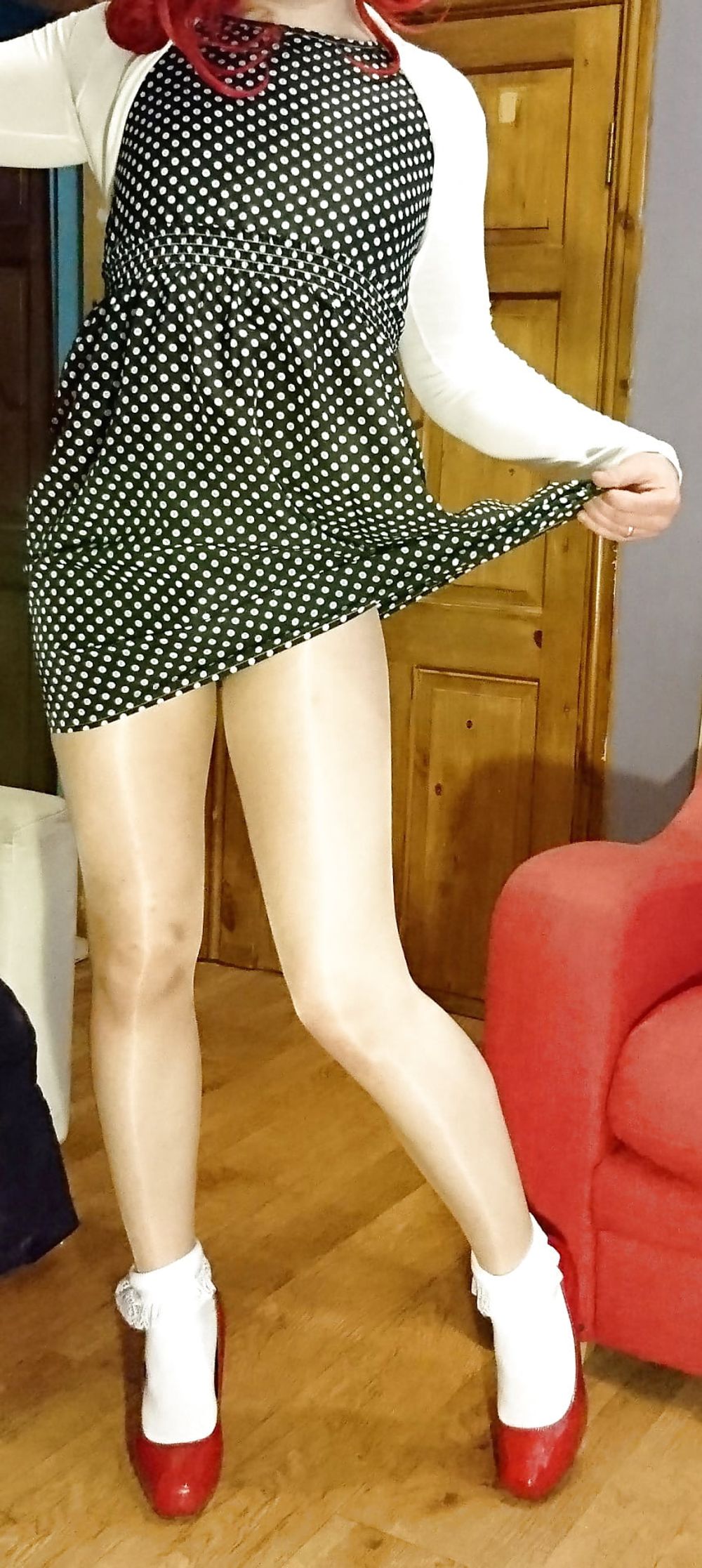 Marie crossdresser in polka-dots and frilly socks #9