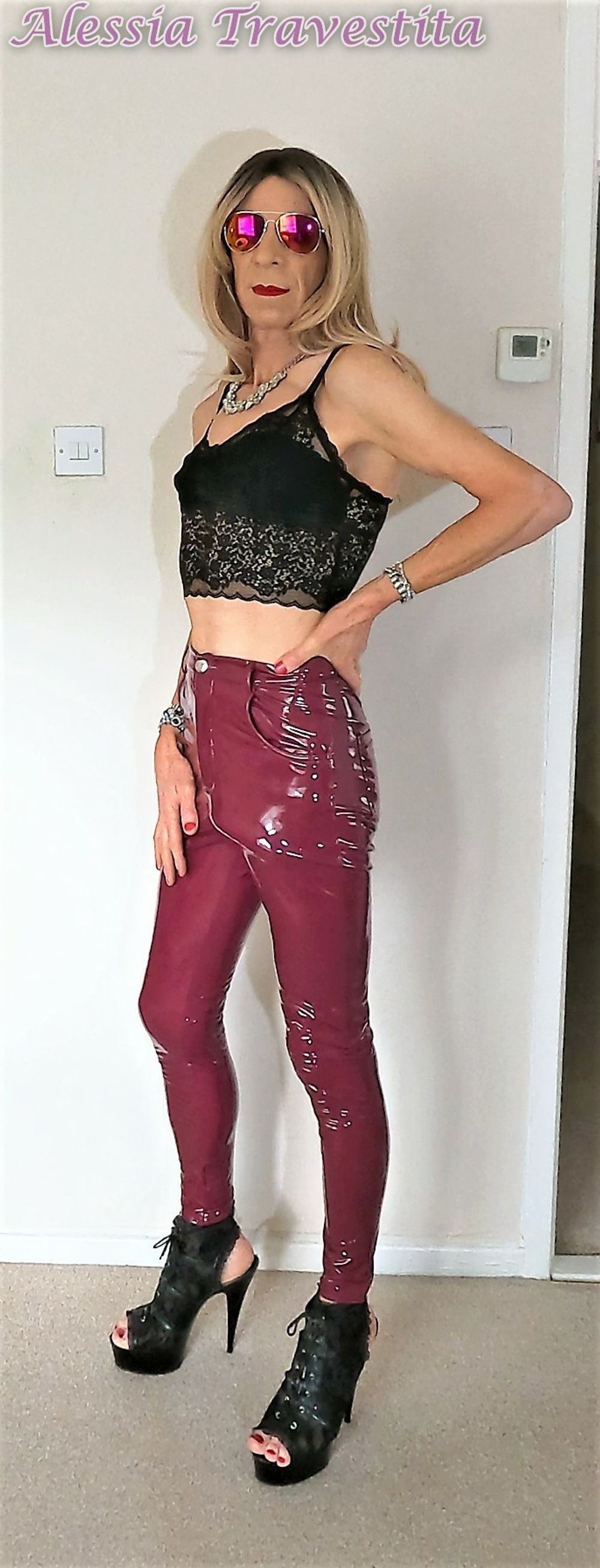 76 Alessia Travestita in Burgundy PVC Jeans