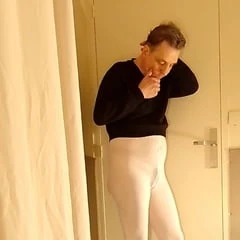 Arousal in white open pantyhose
