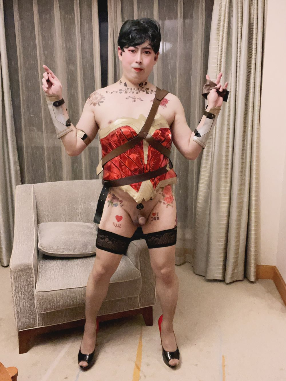 Asian sissy slut in wonder woman custome with tattoo #18