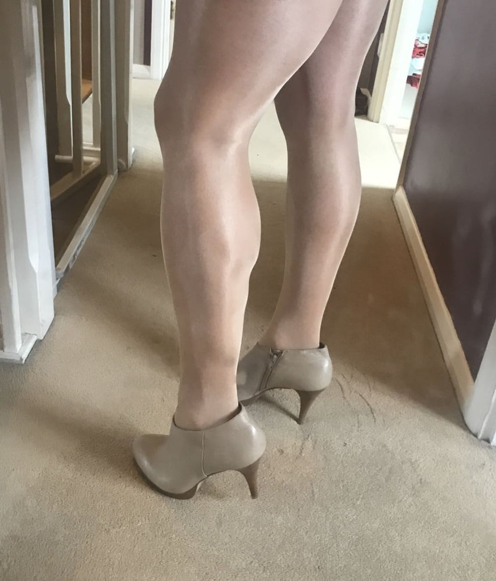 Shiny Glossy Tan pantyhose with boots #5