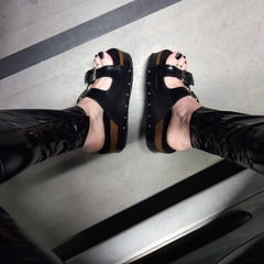 latex leggings and platform sandals
