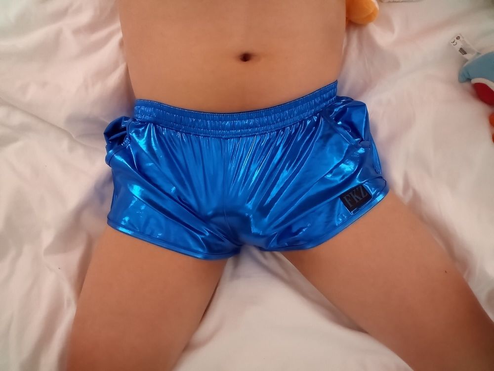 Asian in shiny blue hot pants short shorts #13