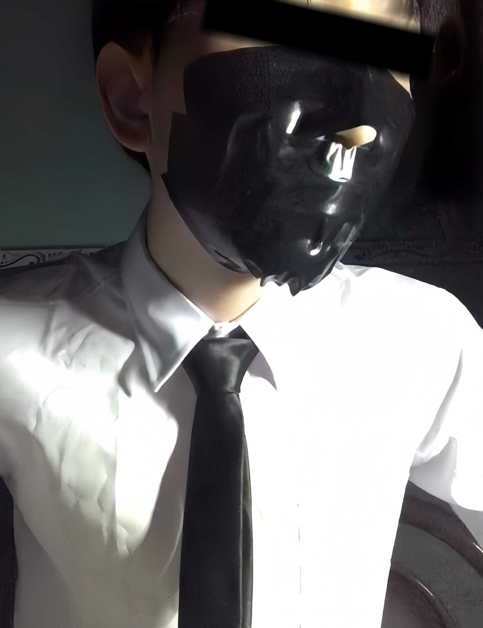 Wearing a white shirt and shiny black tie, gagged with duct  #16