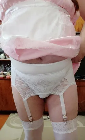 sissy maid posing in white stockings         