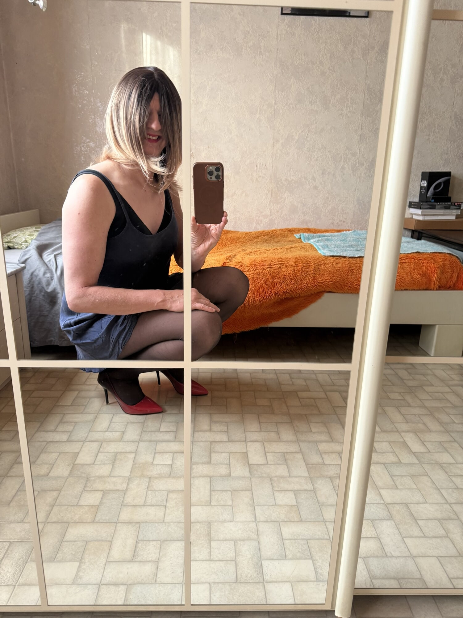 Evy finally as a blonde wearing a short blue nightgown #20
