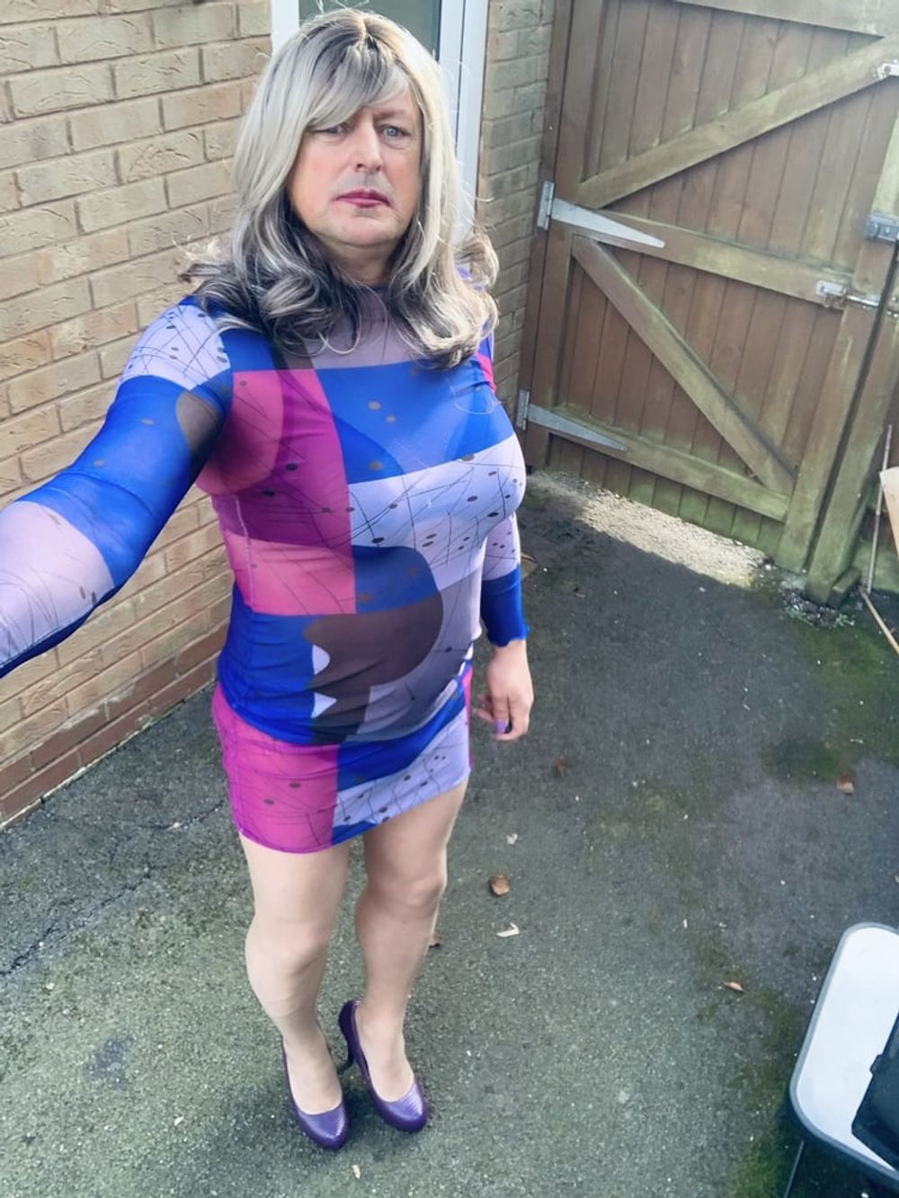 Crossdresser Kellycd in multi colour see thru dress and seam #3