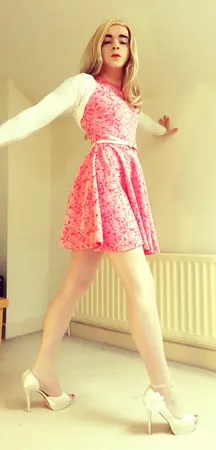 marie crossdresser white pantyhose and pink dress blonde         