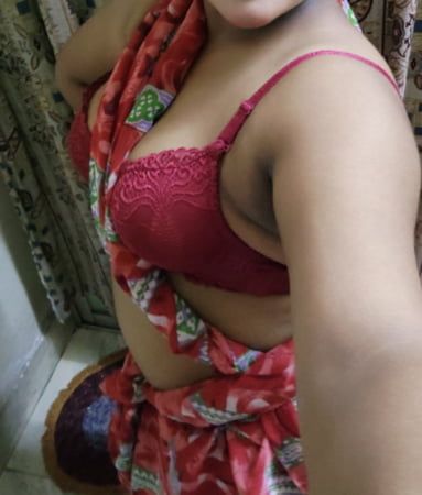 Look at my sexy body in a red sari and red bra. 