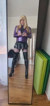 purple latex and long blonde         