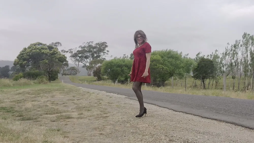 Crossdress road trip red dress #5