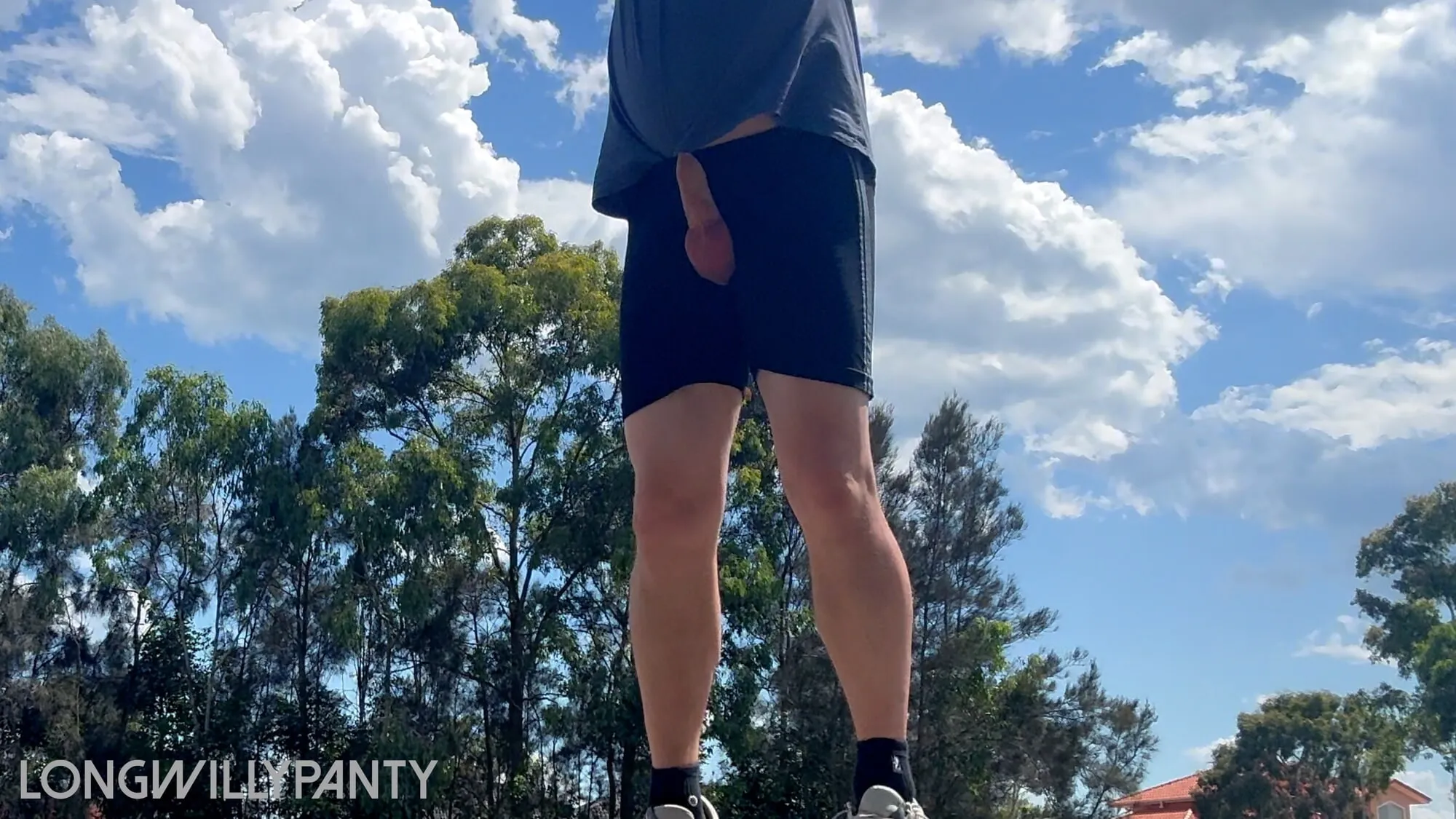 Straight guy playing outdoor basketball dick out in public