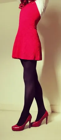 marie crossdresser in red dress and opaque tights         