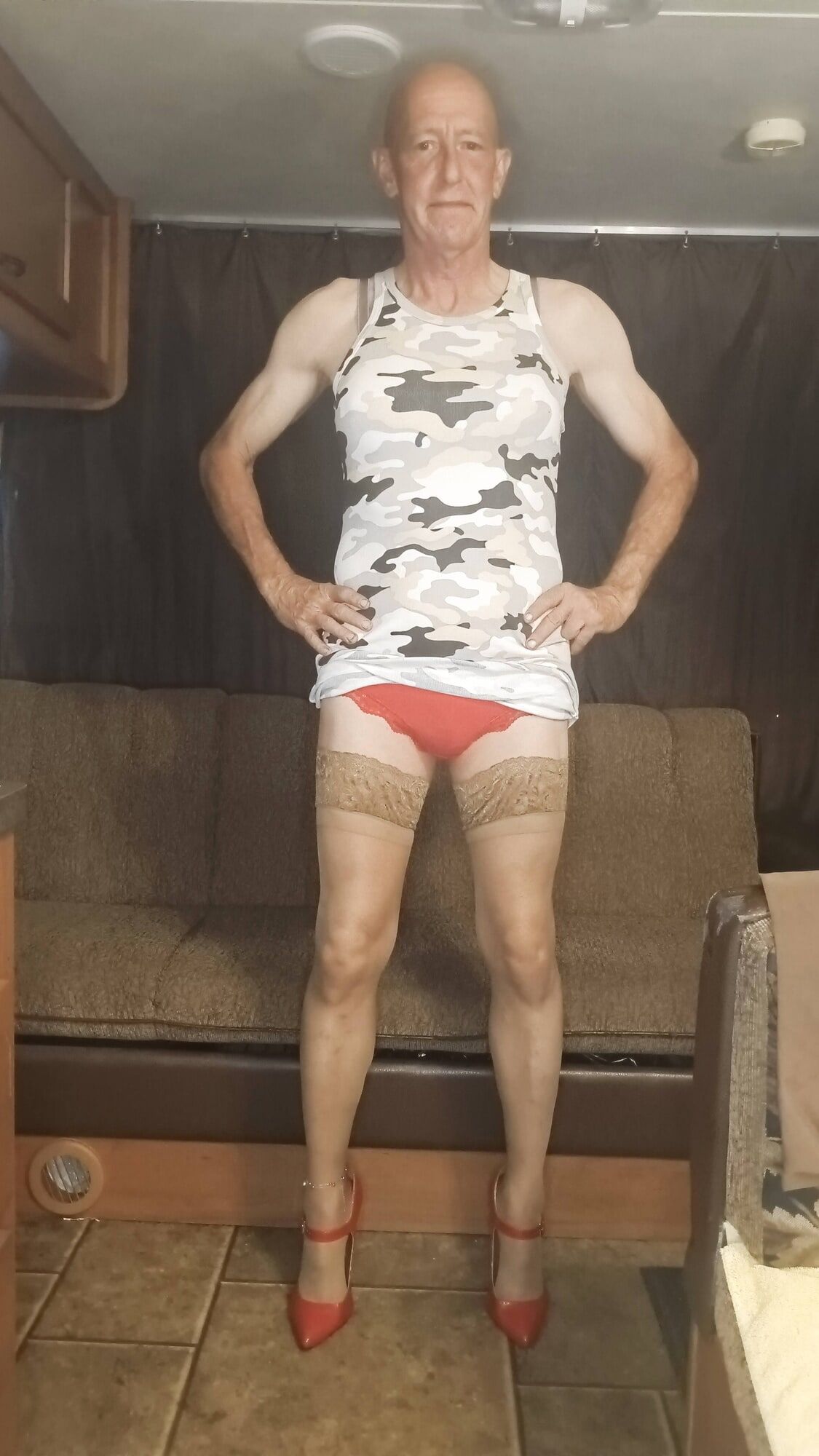 Faggot Andrew Brown in Camo Dress, Thigh Highs and Heels #12
