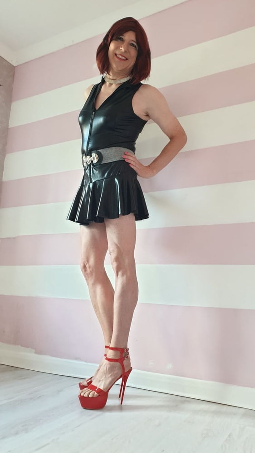 Sissy lucy showing off in wet look skater dress and chastity #6