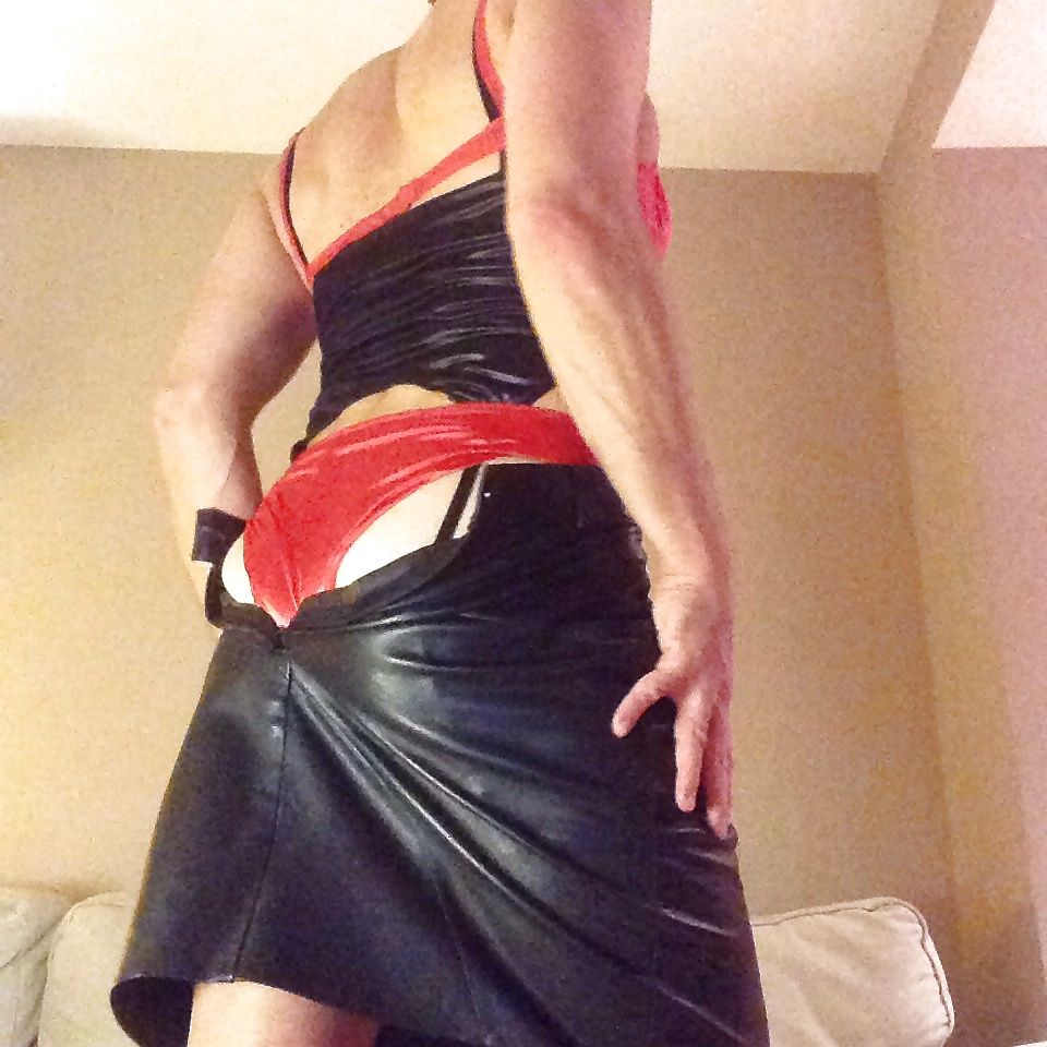 Kinky in leather skirt, stockings, satin lingerie #14