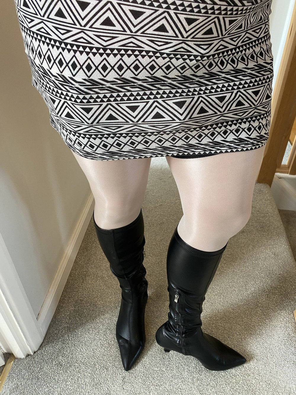 Crossdresser sissy wearing White Stockings and Black Boots #9