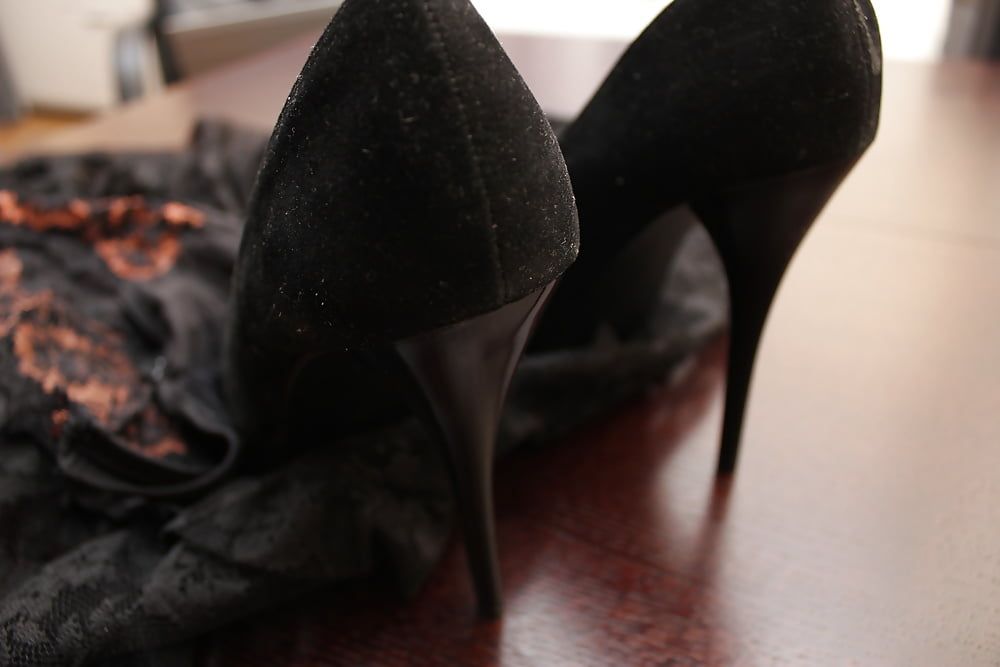 All black:heels, panties, suspenders, stockings, dress, cum #31