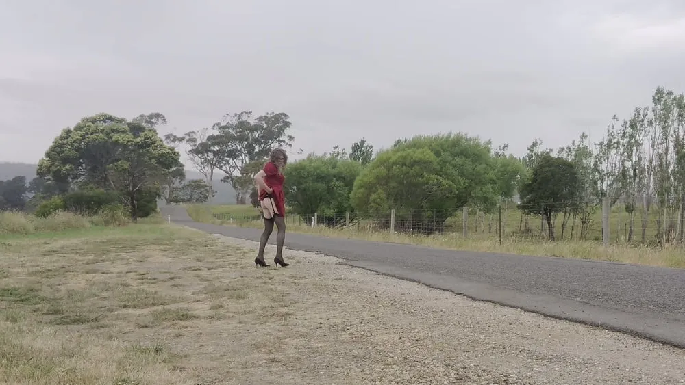 Crossdress road trip red dress #8