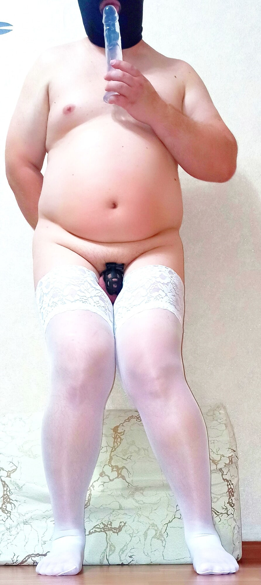 Sissy in white stockings and Chastity Belt #32